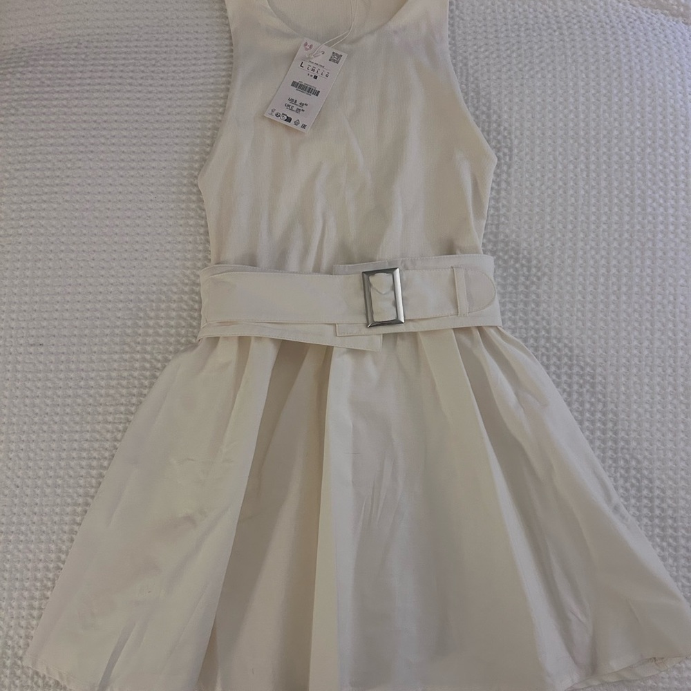 Zara Ivory Sleeveless Belted Mini Dress